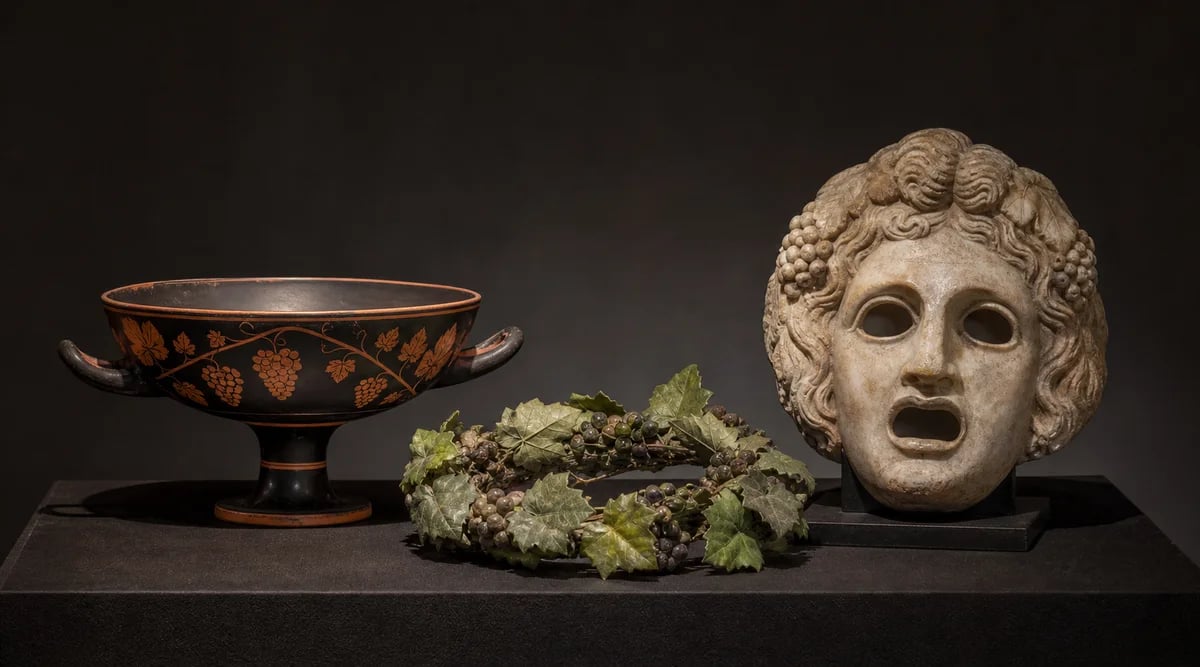 Ilustración de Dionisos dios del vino con copa y viñedos antiguos
