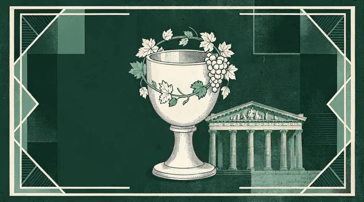 Ilustración de Dionisos dios del vino con copa y viñedos antiguos