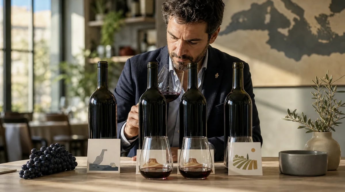 Sommelier compara vinos tintos de una misma variedad procedentes de distintas regiones mediterráneas