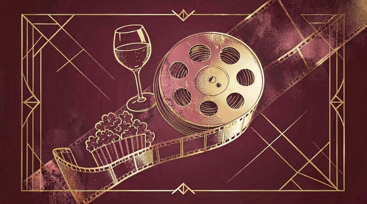 Collage de escenas de películas y series icónicas sobre vino