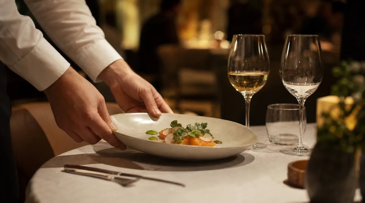 Servicio de un plato en una mesa de restaurante fine dining contemporáneo