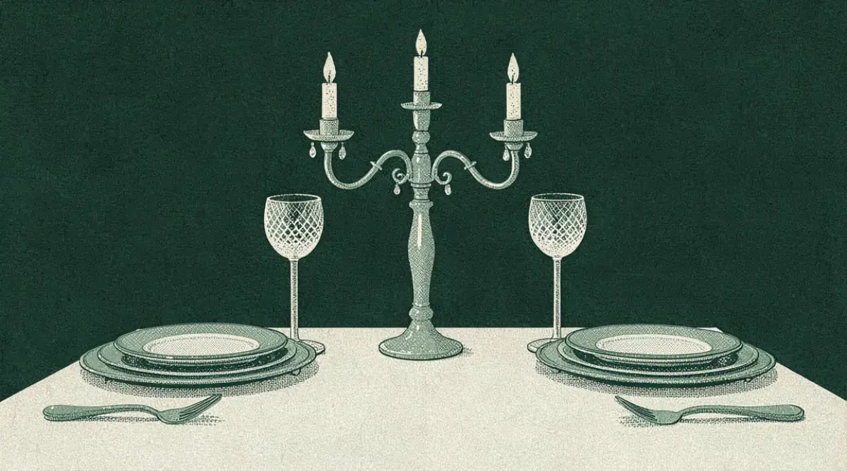 Restaurante fine dining con mesa elegante, vajilla premium e iluminación cálida