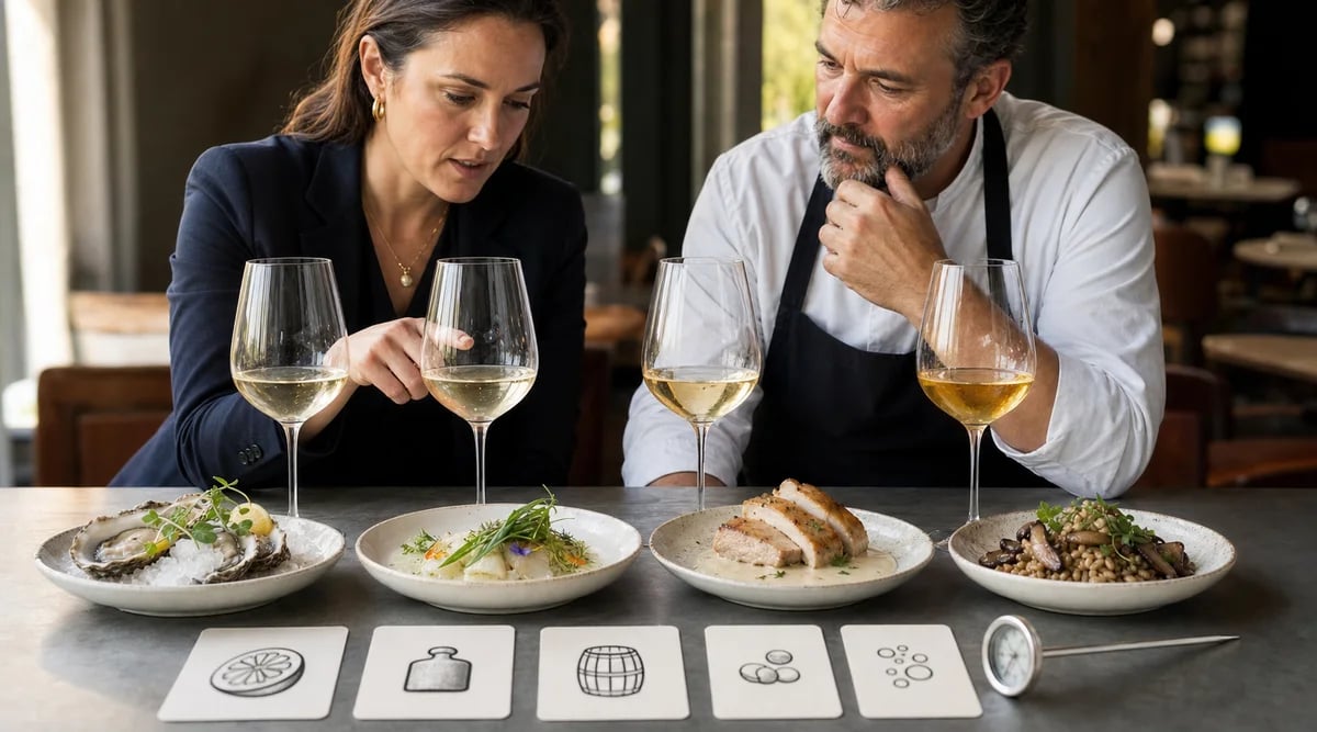 Sommelier y chef comparan cuatro estilos de Chardonnay junto a mariscos, pescado, pollo y hongos