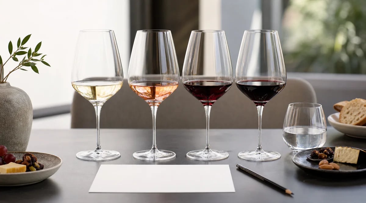 Quiz de personalidad vinícola con copas de diferentes tipos de vino