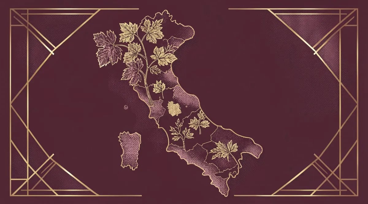 Mapa ilustrado de las 20 regiones vinícolas de Italia con variedades autóctonas
