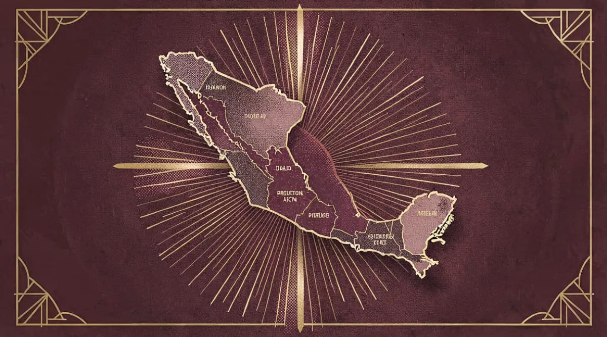 Mapa ilustrado de las regiones vinícolas de México con 17 estados productores