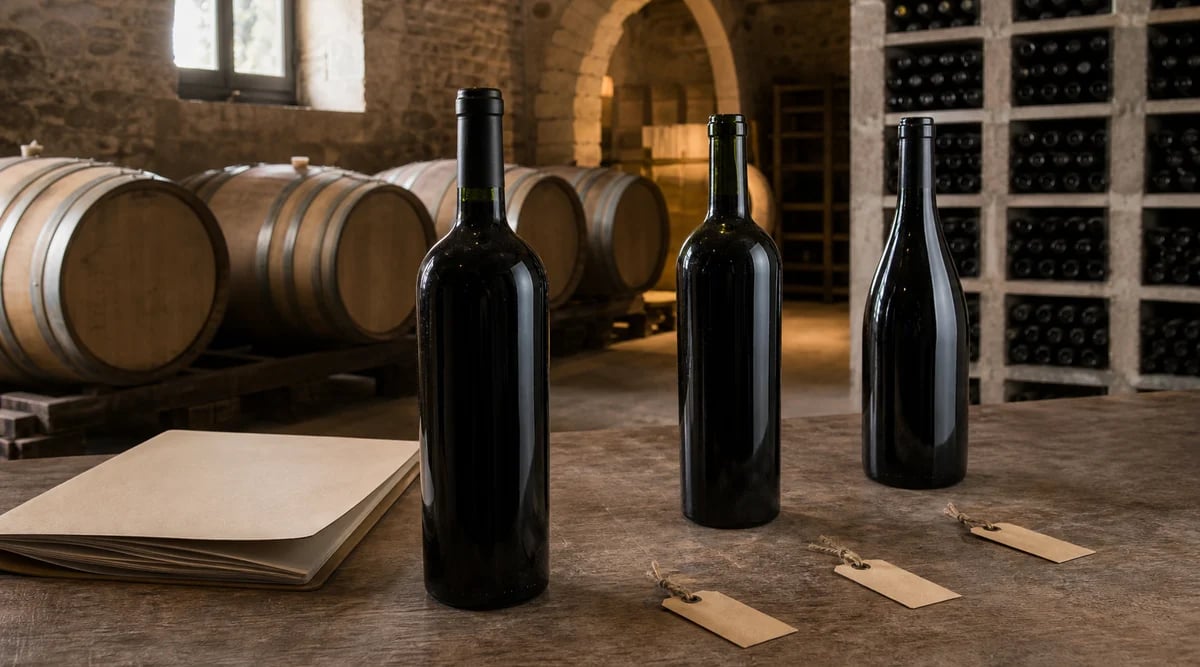 Tres botellas sin etiqueta entre barricas y botellero de una bodega española