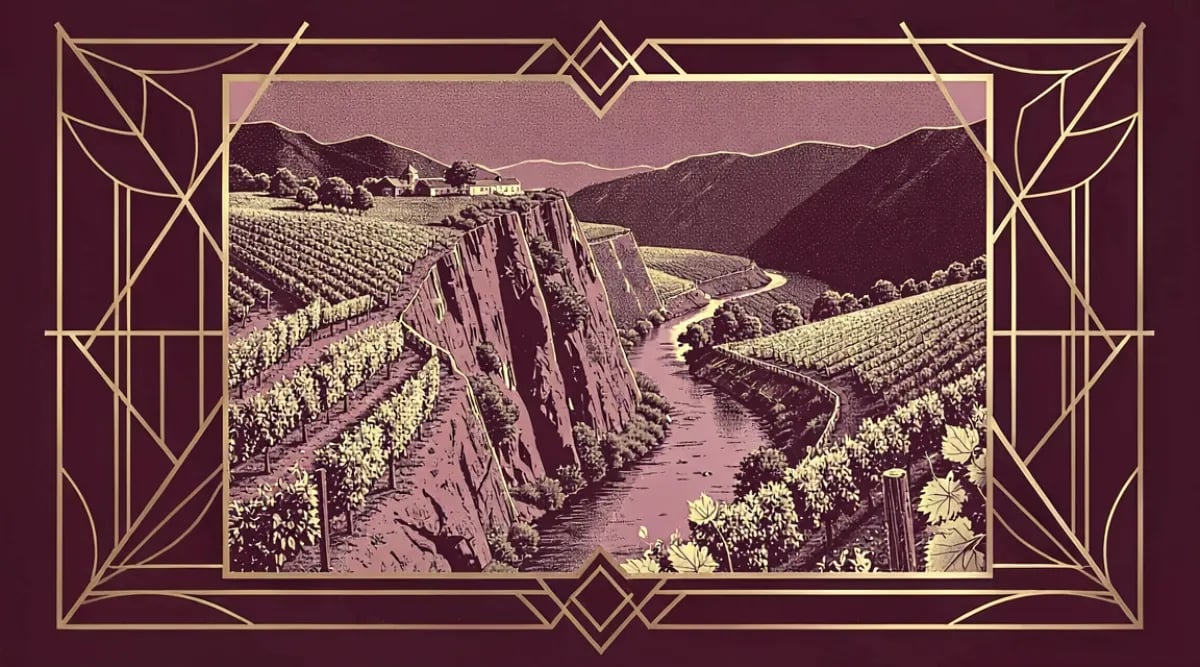 Racimo de uva Riesling verde-dorado en viñedo empinado del río Rin, Alemania