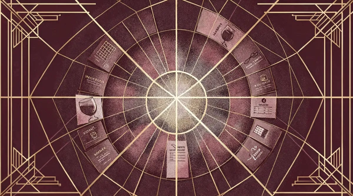 Portada del Wine Advocate con cuaderno de notas y copa de vino tinto sobre mesa de madera