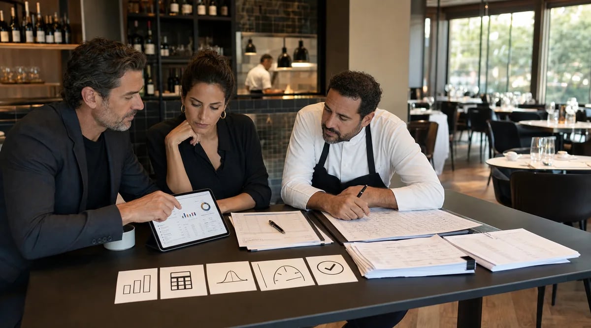 Equipo de restaurante revisando costos, escenarios y evidencia para evaluar una automatización