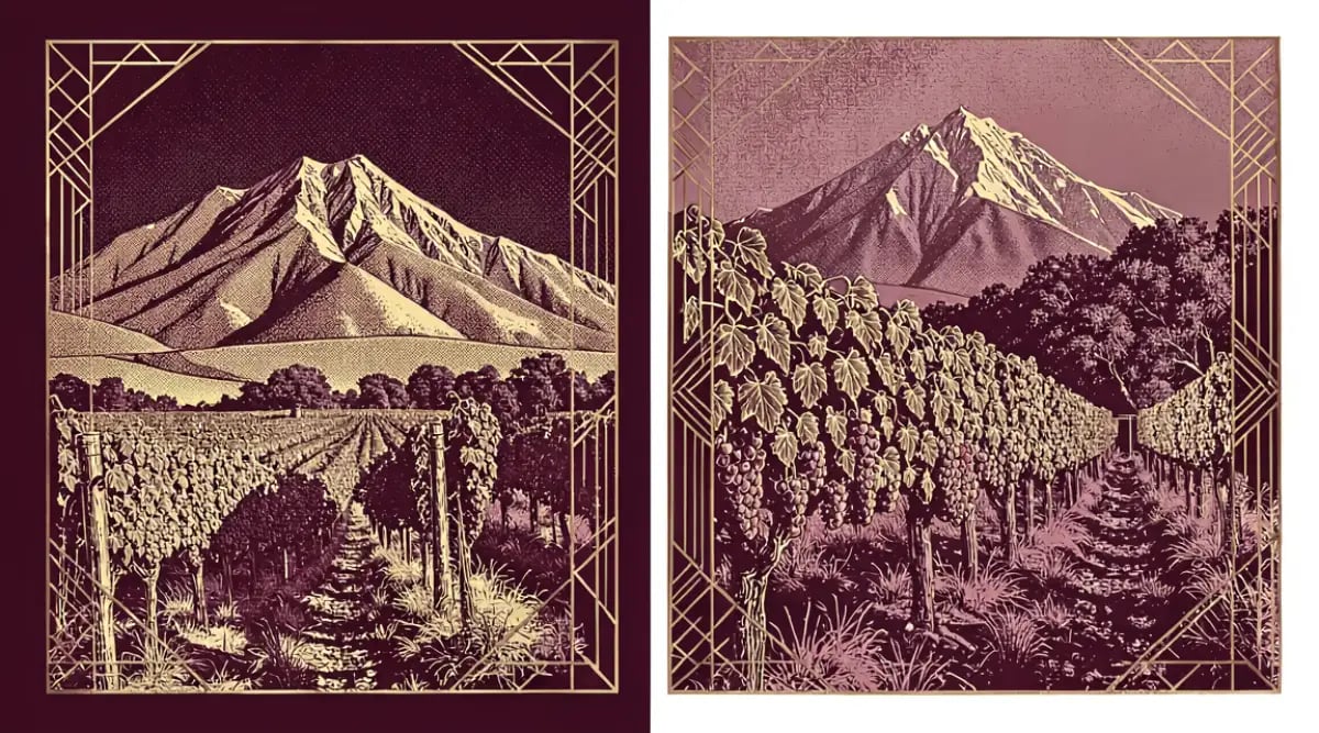 Viñedos de Stellenbosch con montañas sudafricanas al fondo y copa de vino en primer plano