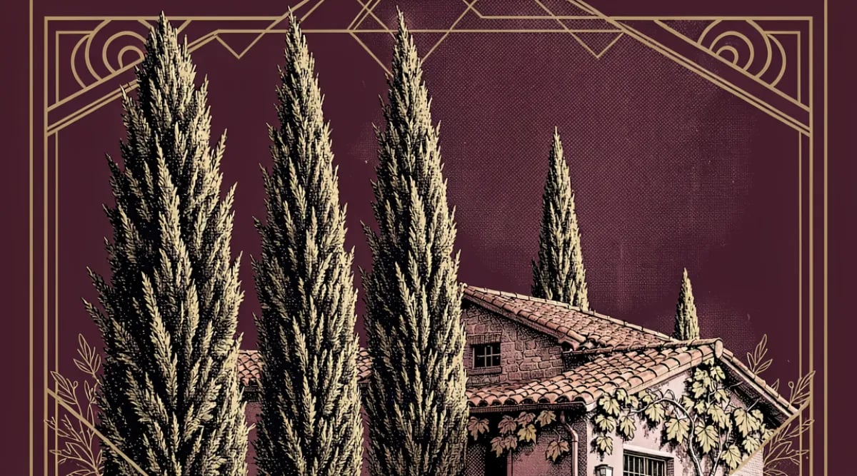 Racimo de Sangiovese en viñedo toscano con cipreses