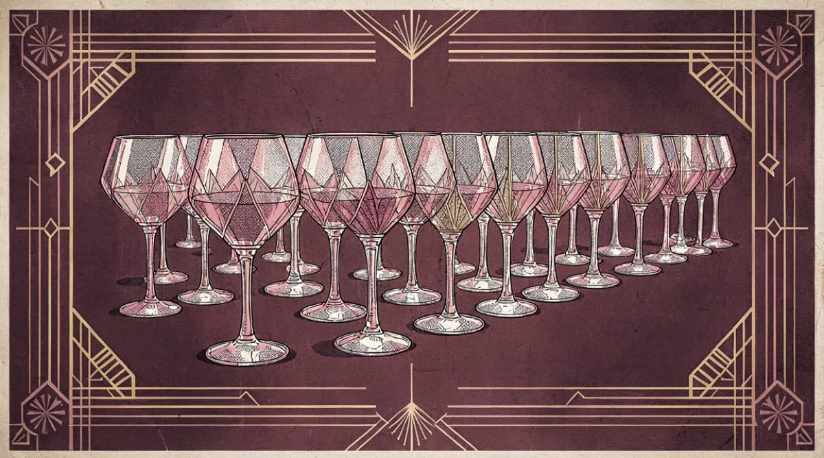 Equipo de servicio preparando estaciones de vino por zonas para banquete de gala con cubeteras