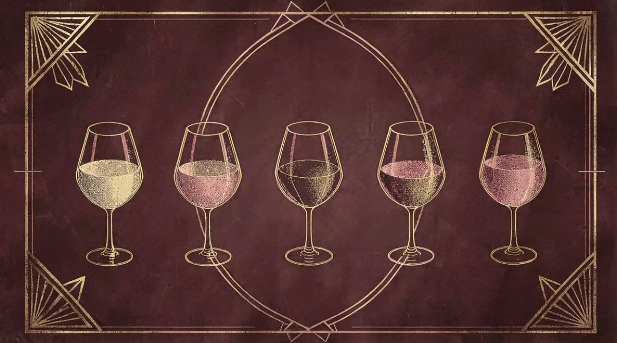 Secuencia de copas de vino alineadas de izquierda a derecha mostrando progresión de espumoso a tinto
