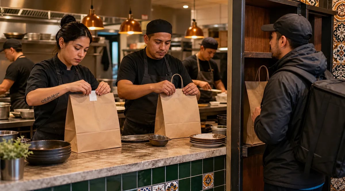 Equipo de restaurante preparando un pedido directo para entrega a domicilio