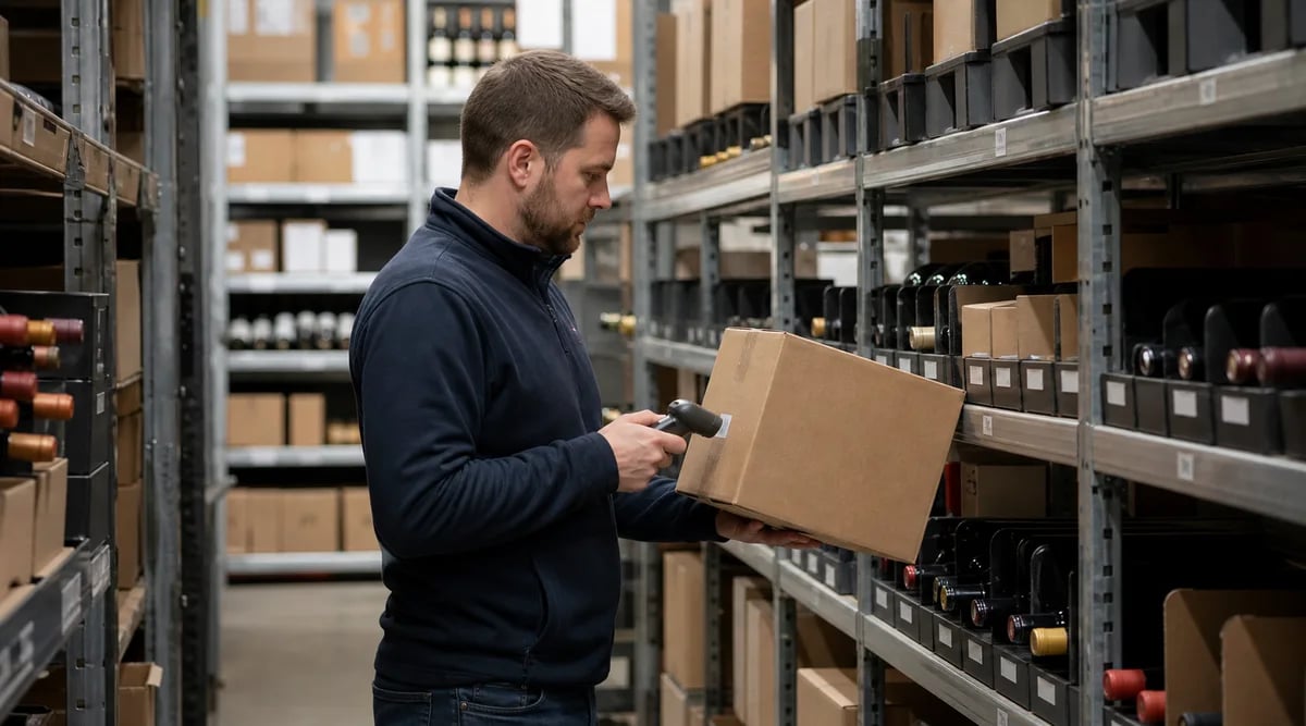 Operador escanea una caja en un almacén comercial de vinos