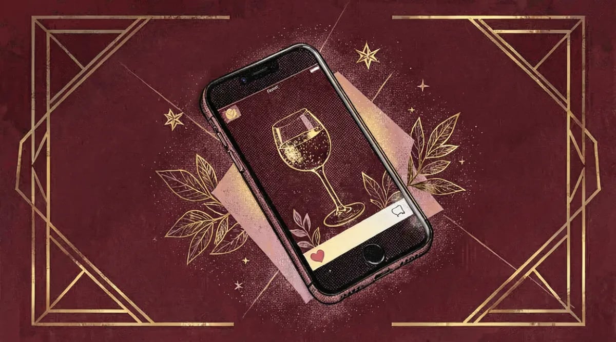 Sommelier grabando contenido de vino con smartphone frente a una copa de tinto en restaurante