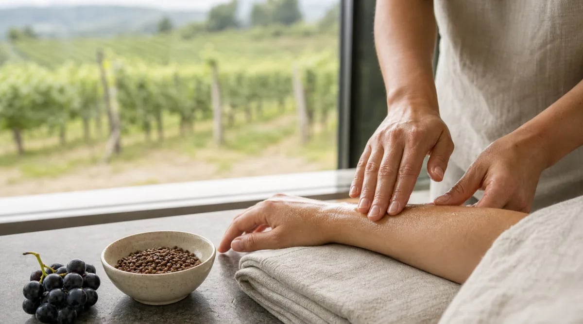 Tratamiento de spa con aceite de pepita de uva en un viñedo