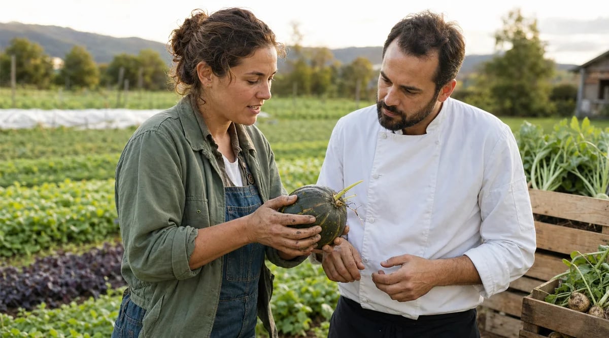 Chef conversando con una productora para documentar la historia real de un ingrediente