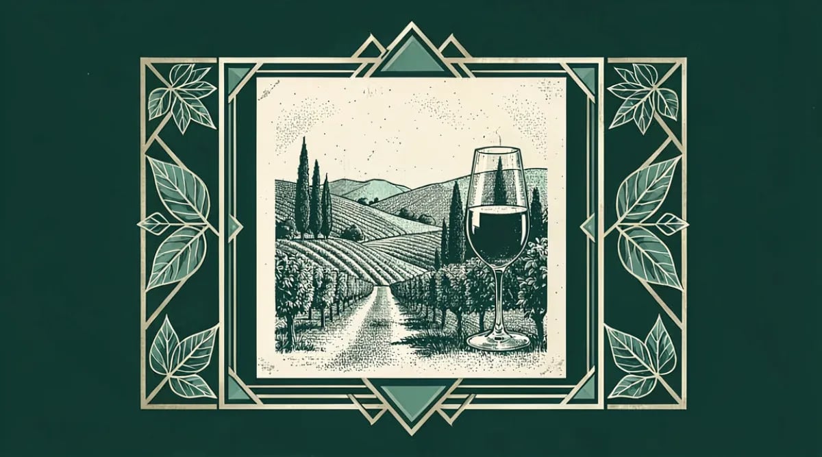 Botellas de Sassicaia y Ornellaia sobre mesa de roble con viñedos toscanos al fondo