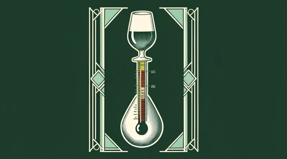 Termómetro de clip en botella de vino mostrando temperatura de servicio óptima