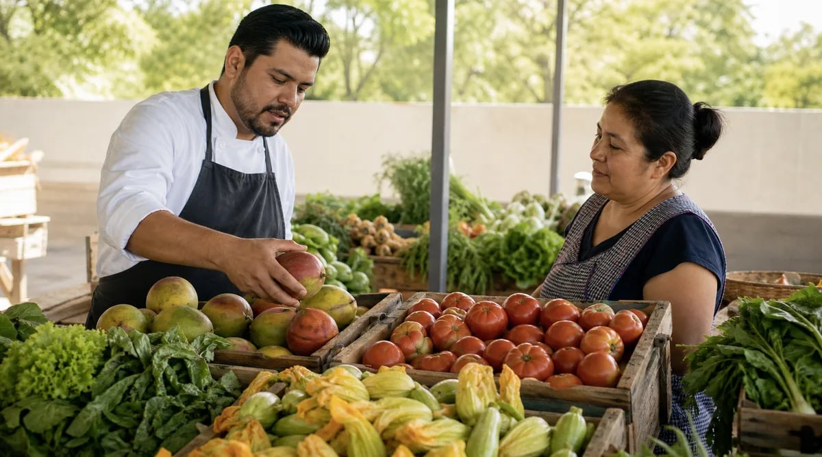 Chef seleccionando frutas y verduras de temporada con una productora local