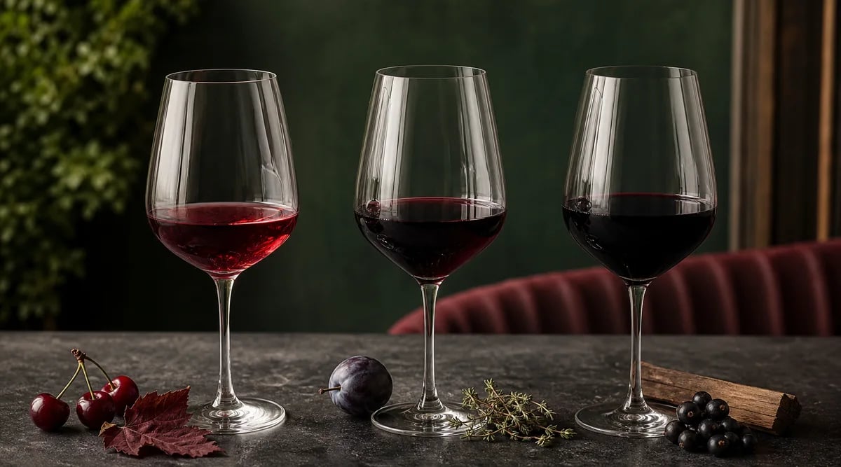 Tres copas de vino tinto con tonos rubí, granate y púrpura junto a referencias aromáticas