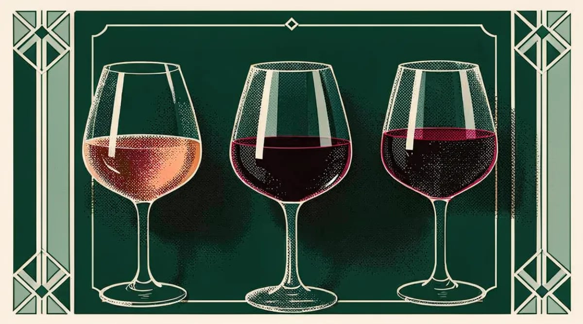 Tres copas de vino tinto mostrando tonalidades desde rubí claro de Pinot Noir hasta púrpura intenso de Cabernet