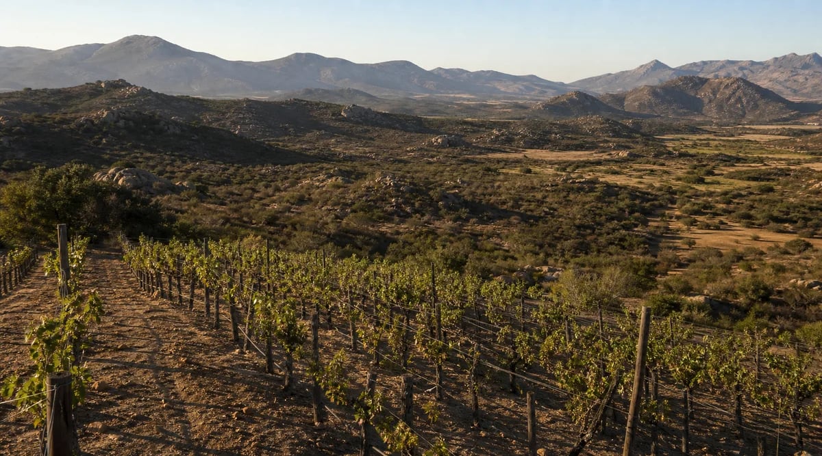 Viñedo del Valle de San Vicente entre lomeríos secos al sur de Ensenada