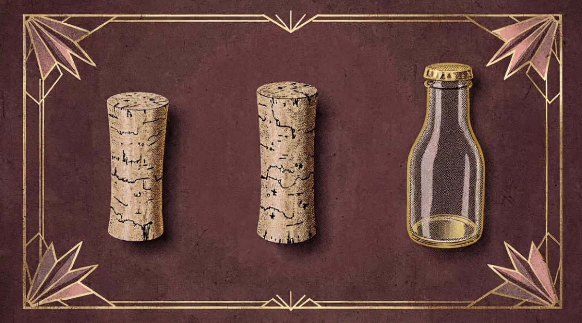Comparativa de corcho natural, tapa rosca Stelvin, tapón sintético y tapón de vidrio para vino