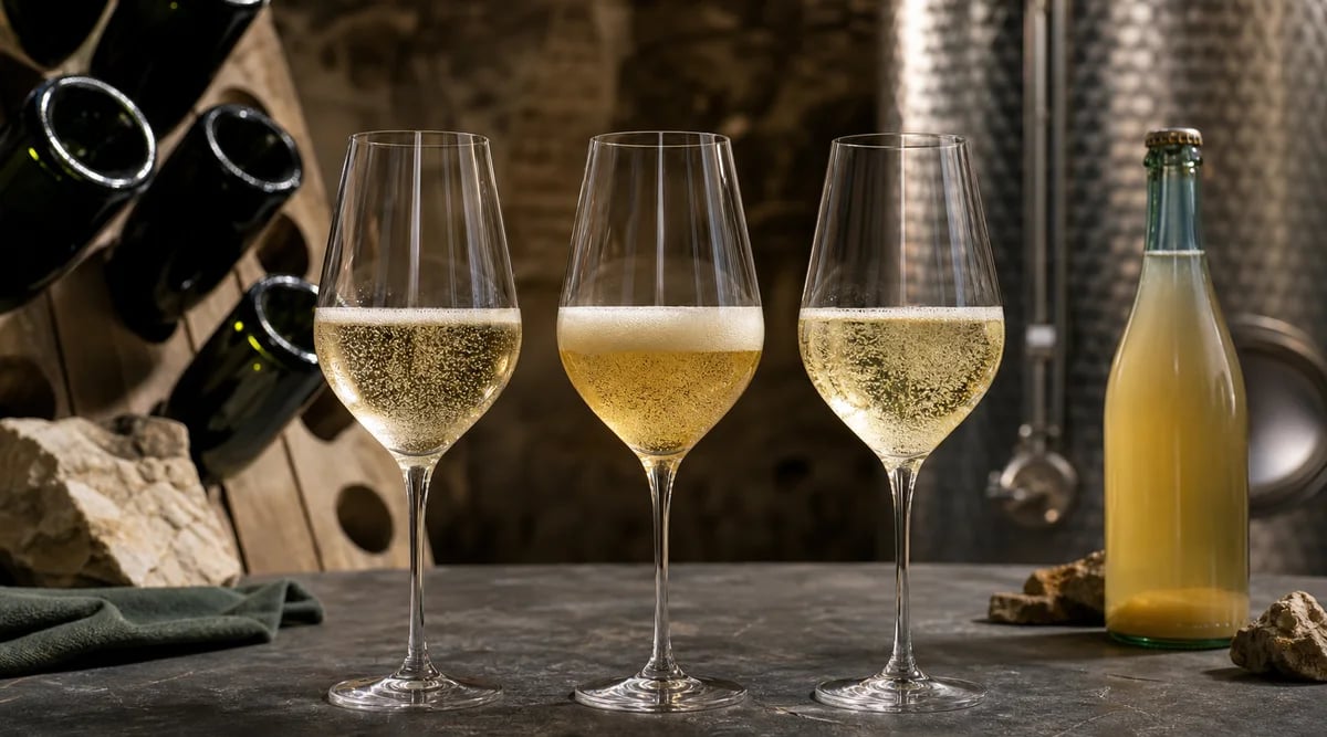 Tres copas de vino espumoso frente a un pupitre de botellas, tanque y botella con sedimento