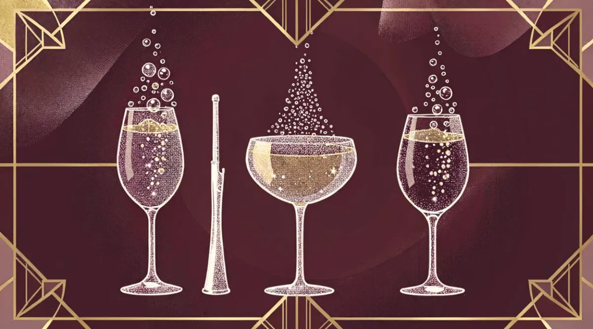 Tres copas comparando burbujas de Champagne, Cava y Prosecco lado a lado