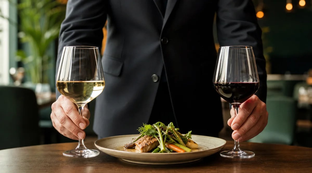Sommelier presenta una copa de vino blanco y otra de tinto junto a un plato con salsa