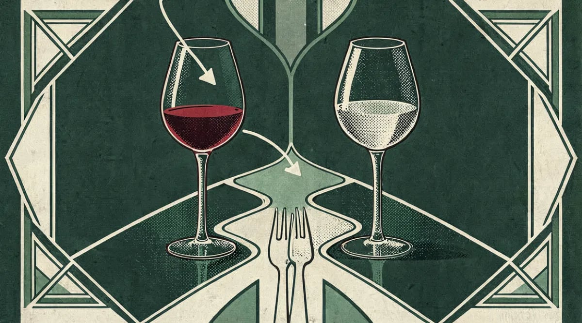 Sommelier presentando copa de vino tinto y copa de vino blanco al comensal en restaurante