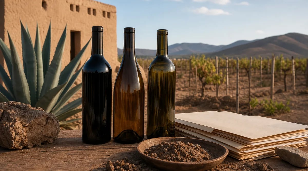 Tres botellas sin etiqueta, expedientes y muestras de suelo ante un viñedo mexicano