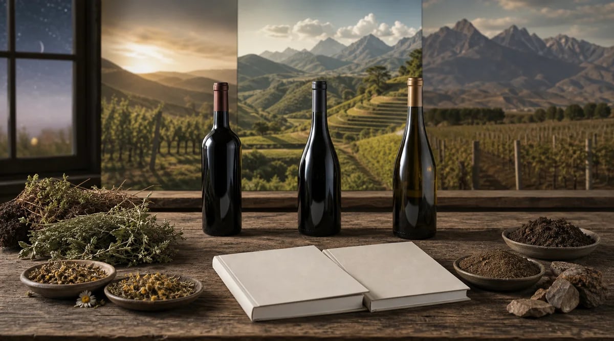 Tres botellas sin etiqueta, manuales, hierbas y suelos frente a viñedos de distintas regiones