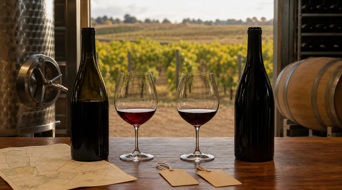 Comparación de dos vinos ante viñedo, tanque de acero, barrica y botellero