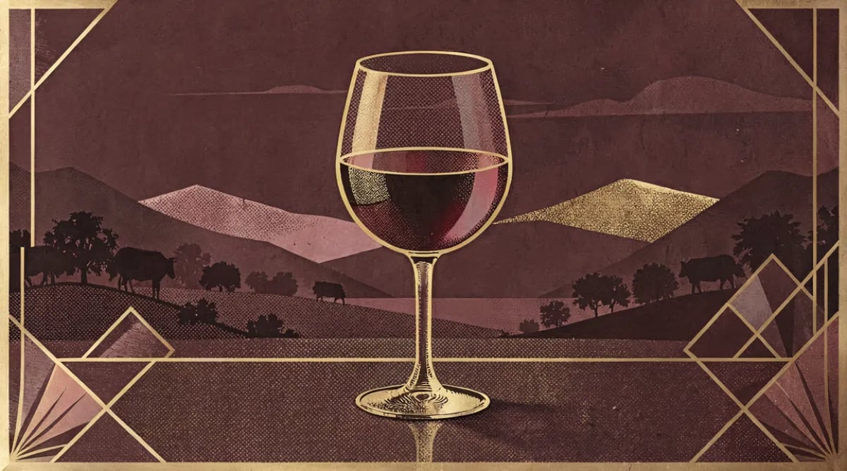 Botella de vino de culto iluminada sobre pedestal de piedra en cava oscura