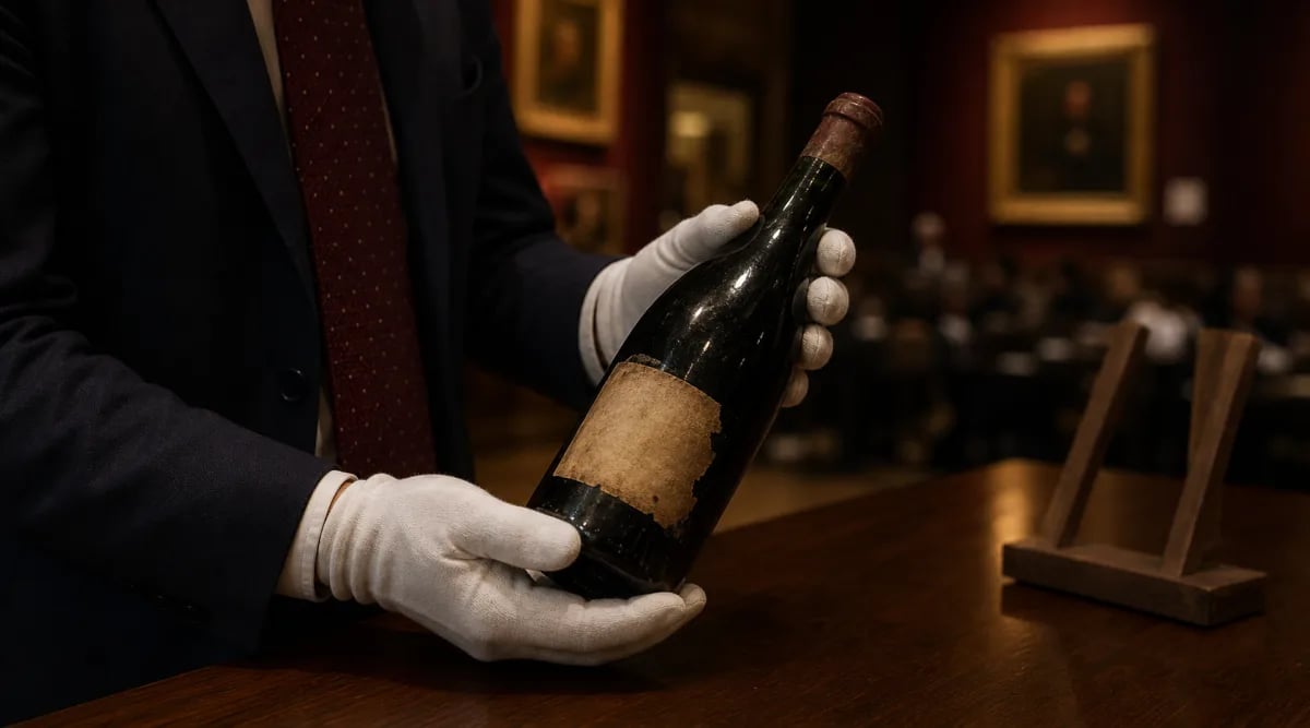Especialista inspeccionando una botella histórica en una subasta de vino
