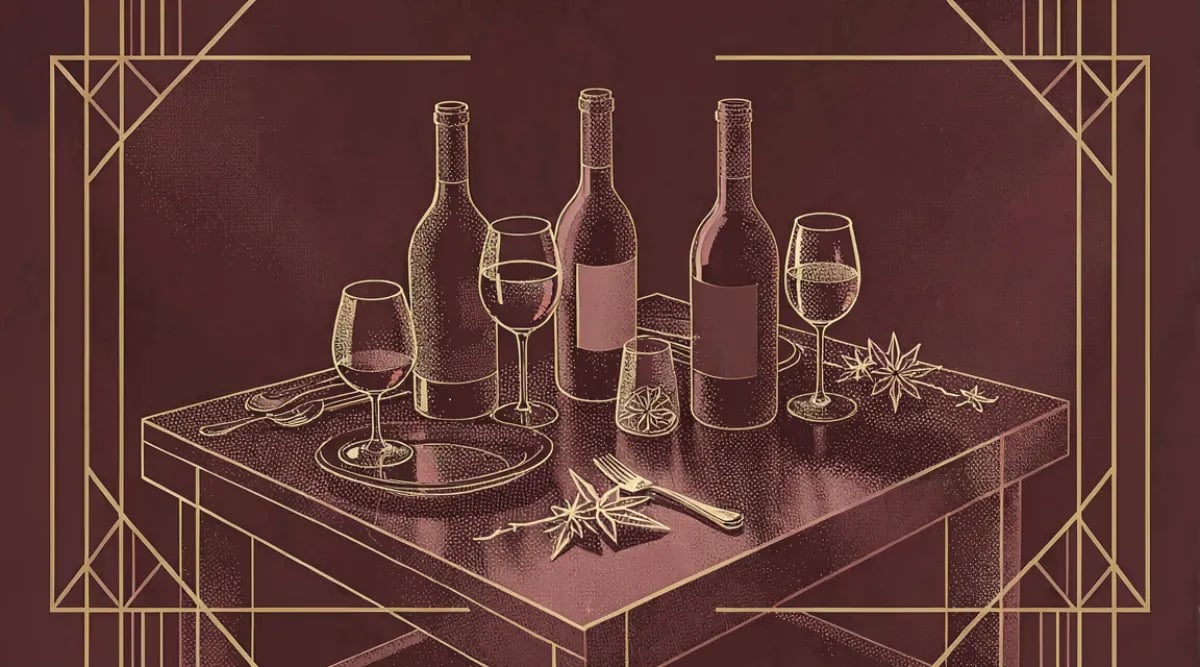 Mesa navideña con botellas de vino y espumoso mexicano entre decoración festiva