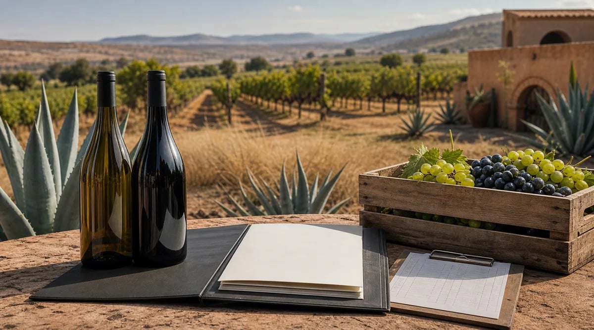Botellas sin etiqueta, uvas y expediente de certificación en un viñedo mexicano