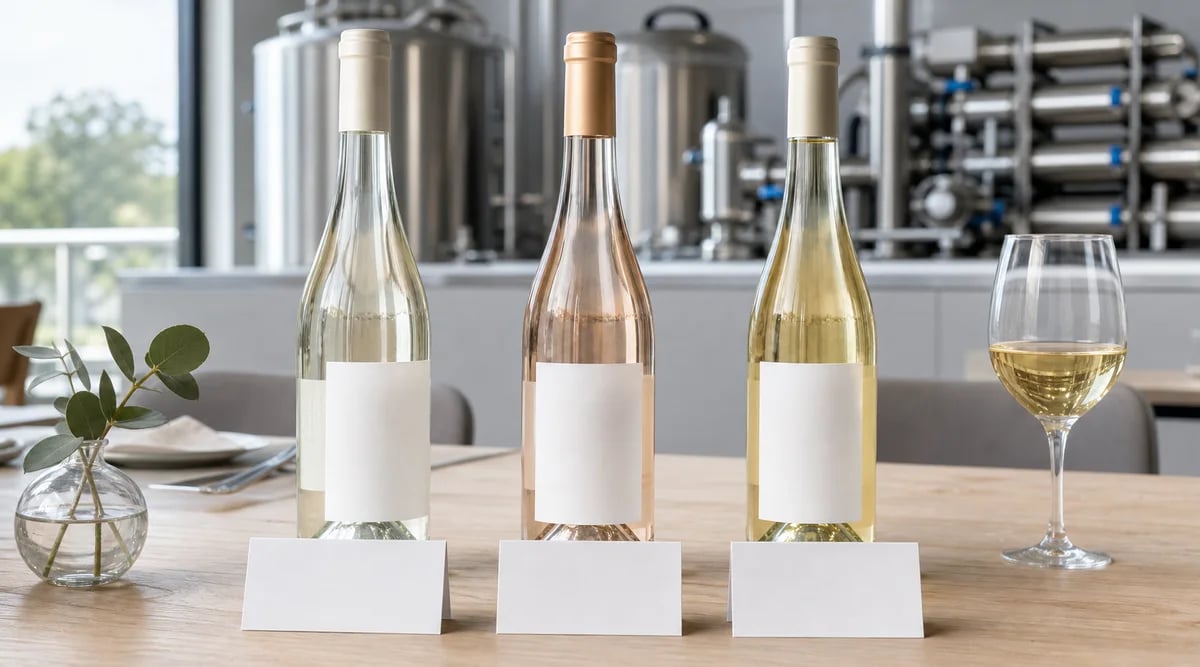 Tres botellas sin etiqueta frente a tarjetas de graduación y equipo de desalcoholización