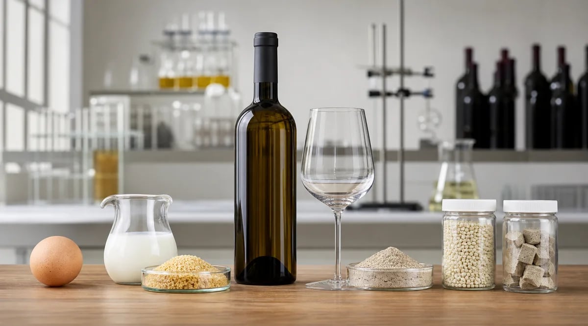 Botella sin etiqueta entre auxiliares animales y alternativas de clarificación