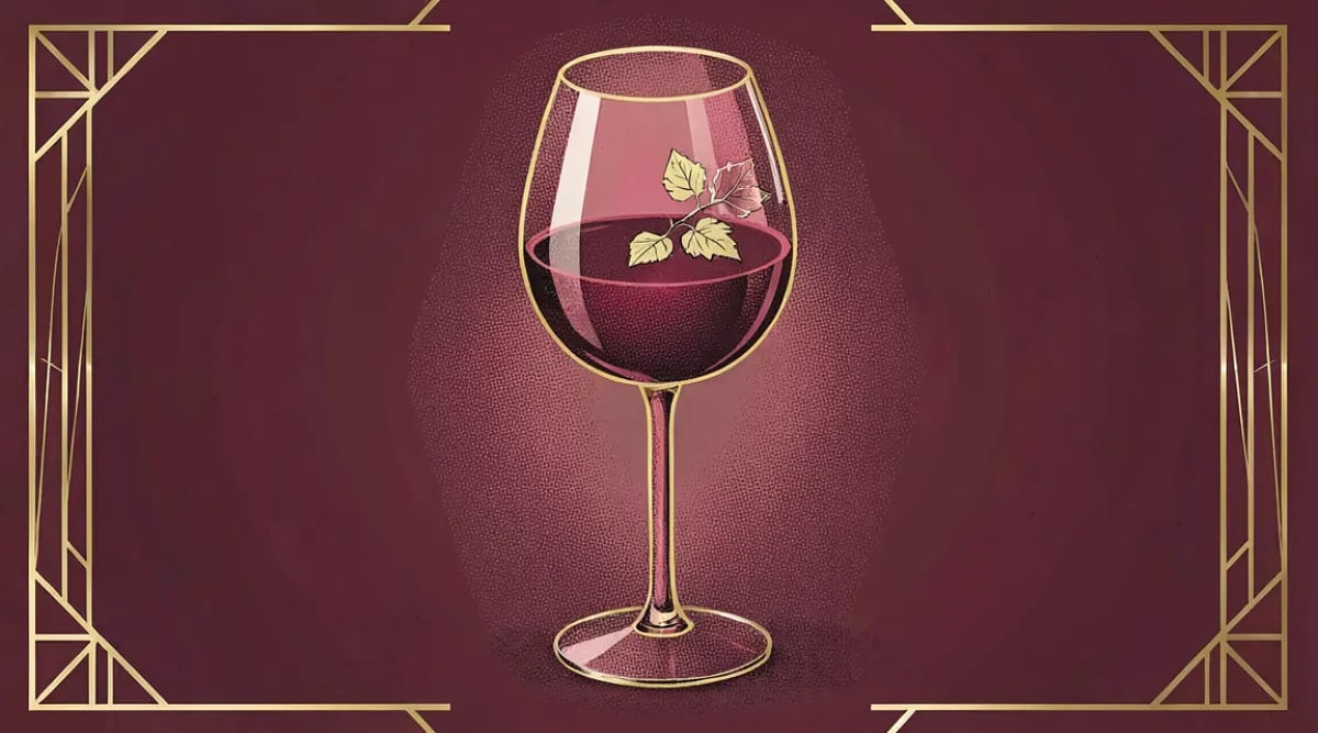 Botella de vino vegano certificado con sello verde junto a copa en mesa de restaurante fine dining