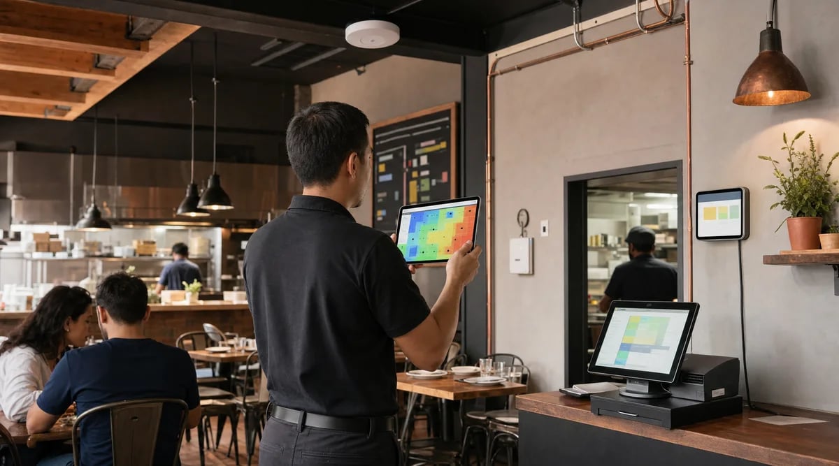 Ingeniero realiza un levantamiento RF entre comedor, cocina, POS y un access point de techo