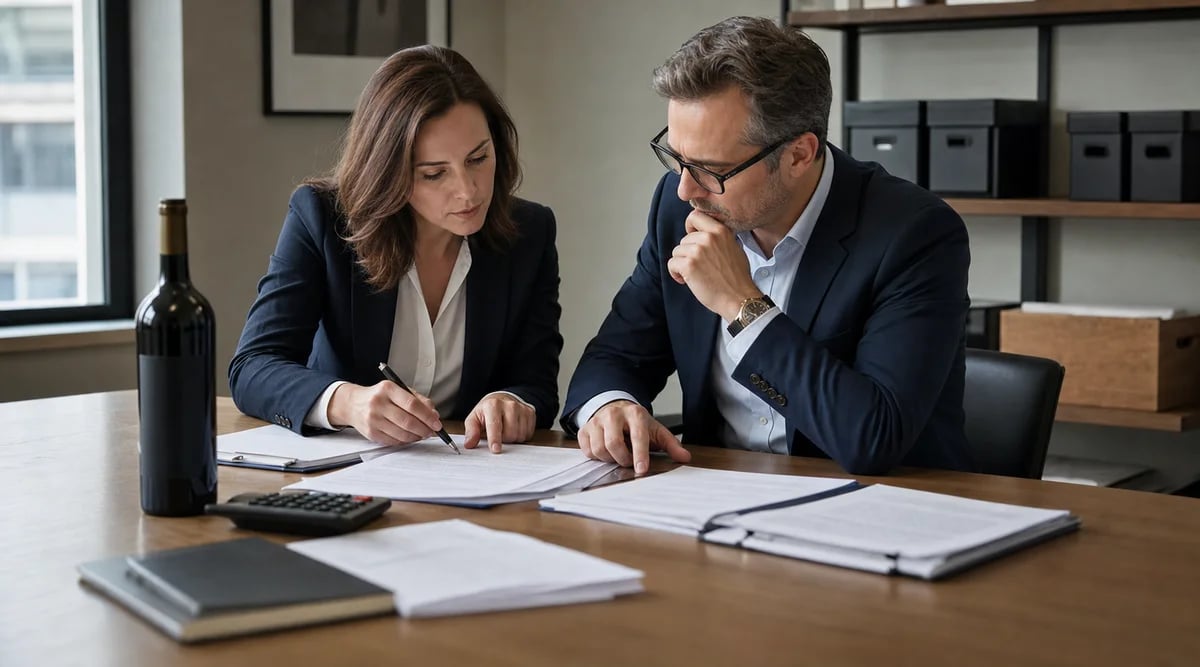 Profesionales revisan documentos de custodia y comisiones de una inversión vinculada al vino