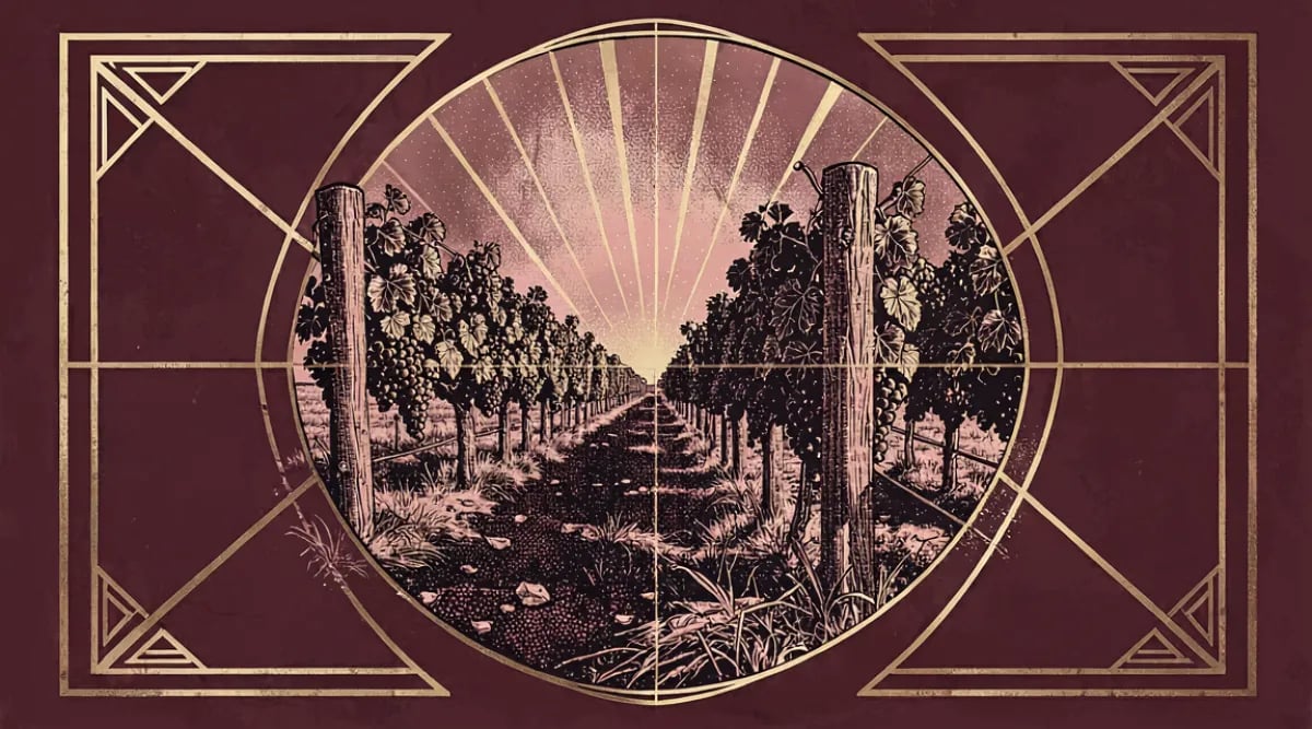Racimo de uva Zinfandel maduro en cepa old vine centenaria de Lodi California con hojas otoñales