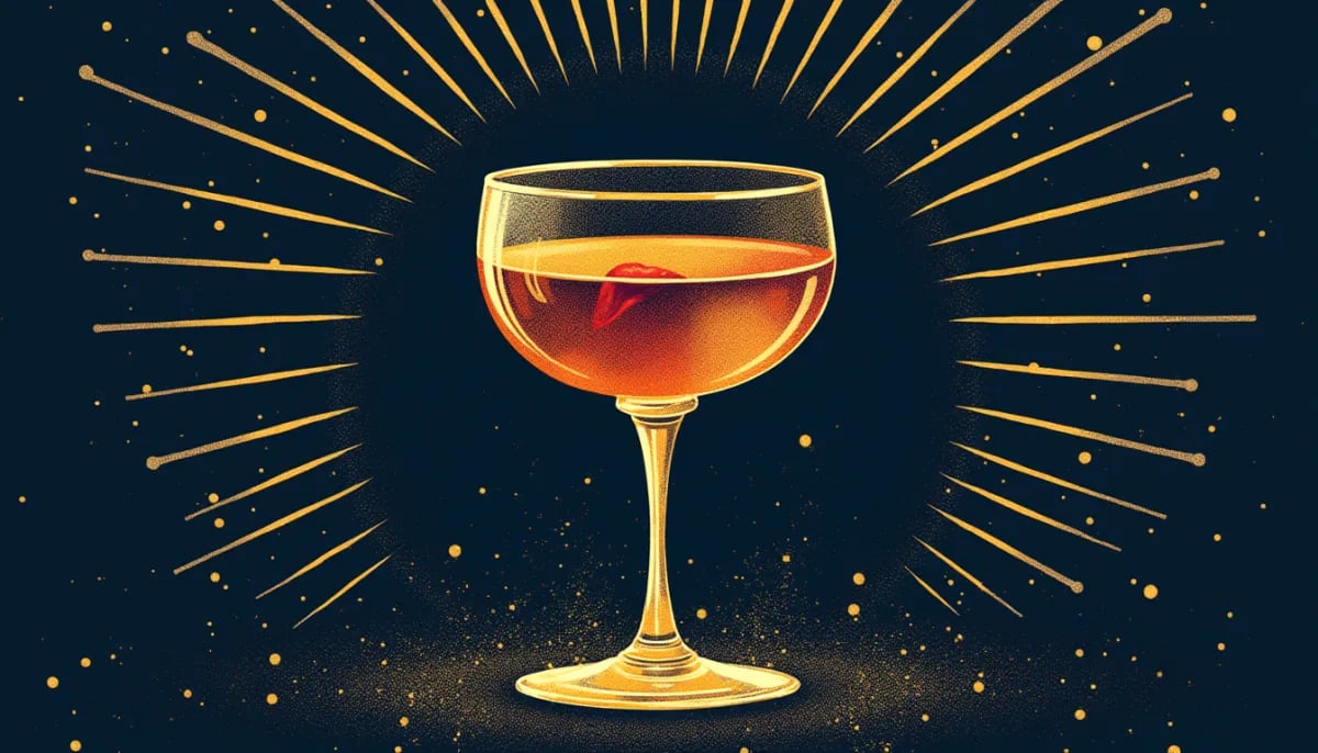 Cóctel Boulevardier en vaso old fashioned con hielo grande y twist de naranja