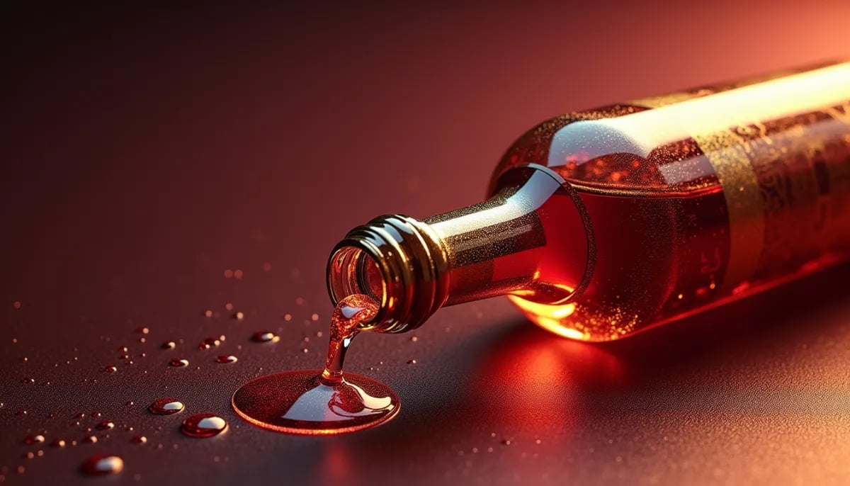 Copa de vino blanco con tonos dorados mostrando signos de oxidacion junto a una botella abierta
