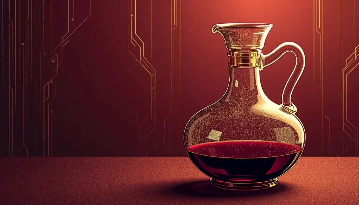 Copa de vino tinto con sedimento visible en el fondo junto a una botella decantada